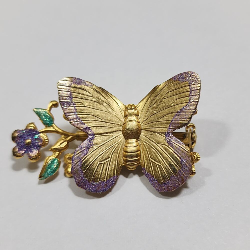 Butterfly Rose Branch Brooch Pin Purple Green Glitter Enamel Gold Tone Vintage